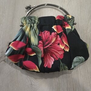 Vintage 1990s Hawaiian Floral Black Clutch Bag